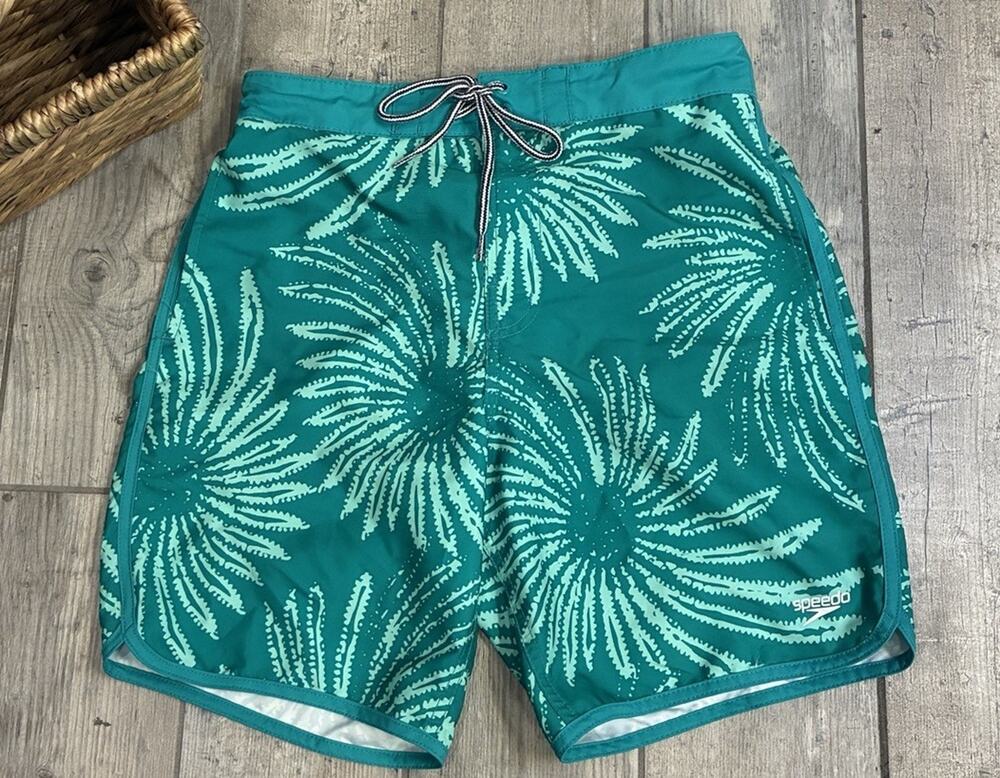 Speedo Mens Swim Trunks Small Green Teal Floral Burst E-Board Shorts UPF 50+
